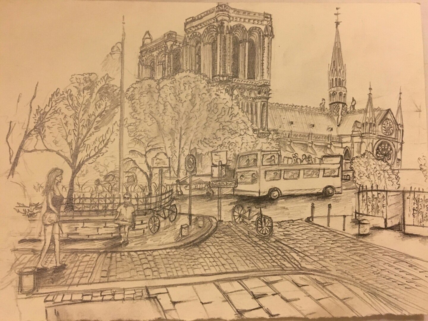 Pencil sketch of Notre-Dame de Paris with a street scene — tour bus, cyclists, and cobblestone road in the foreground